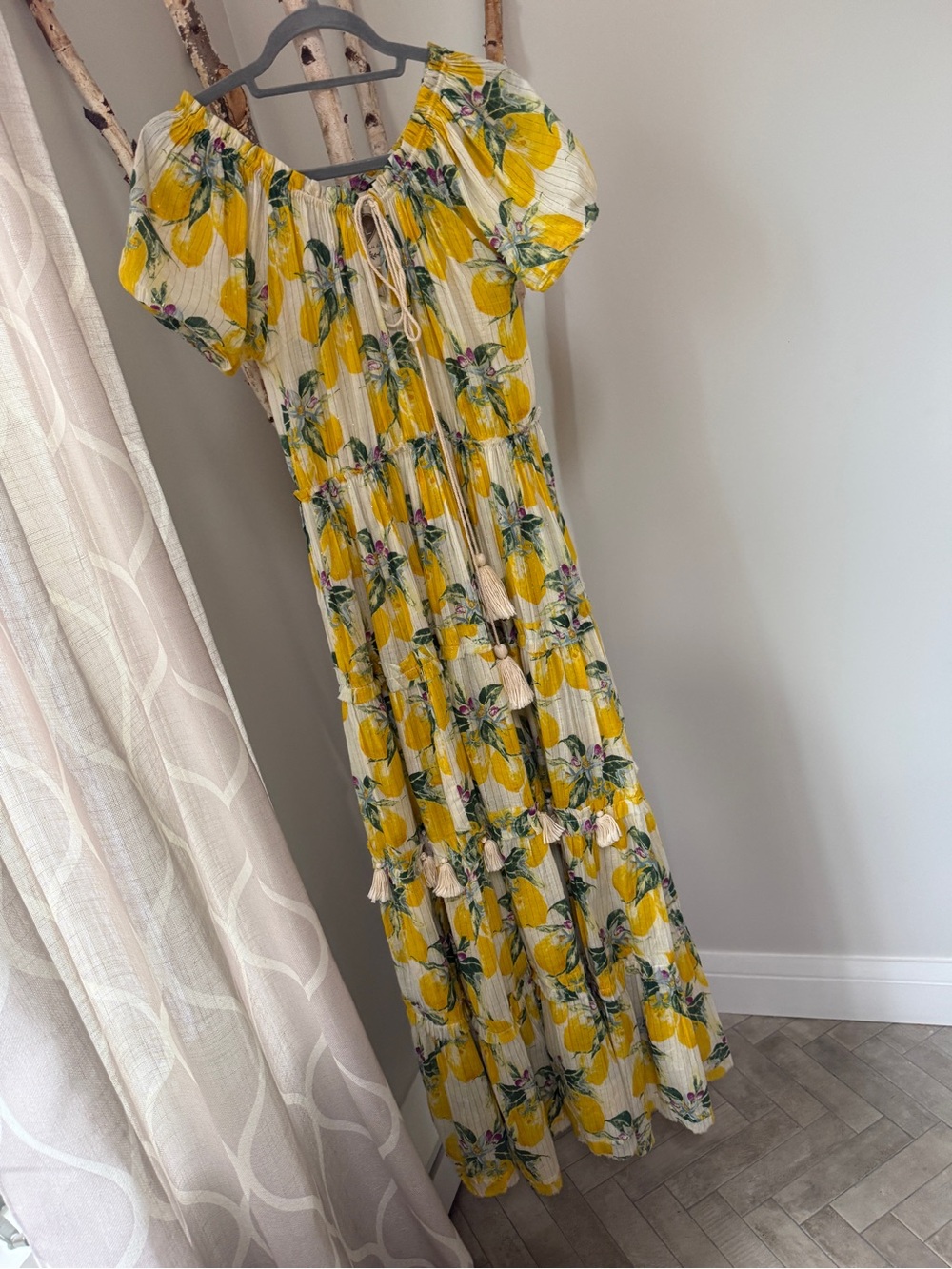Yellow Lemon-Print Off-Shoulder Tiered Maxi Dress